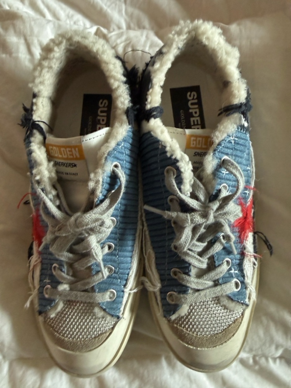 Golden Goose Womens Funky Light Blue Corduroy Sneakers with Cream Shearling